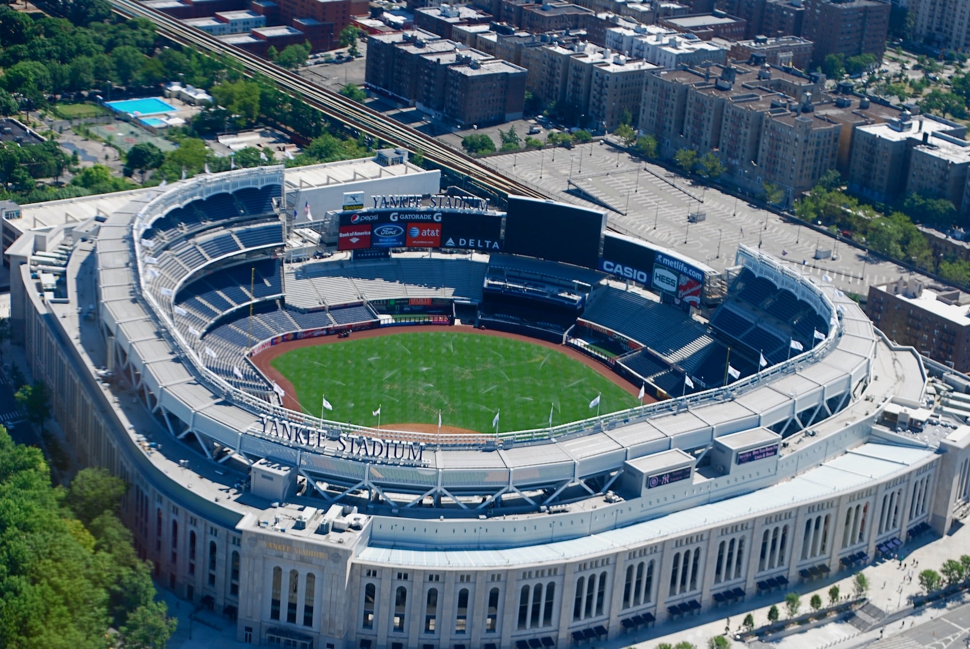 Panoramic view of Yankee Stadium from the upper deck, showing the field, scoreboard, and seating bowl